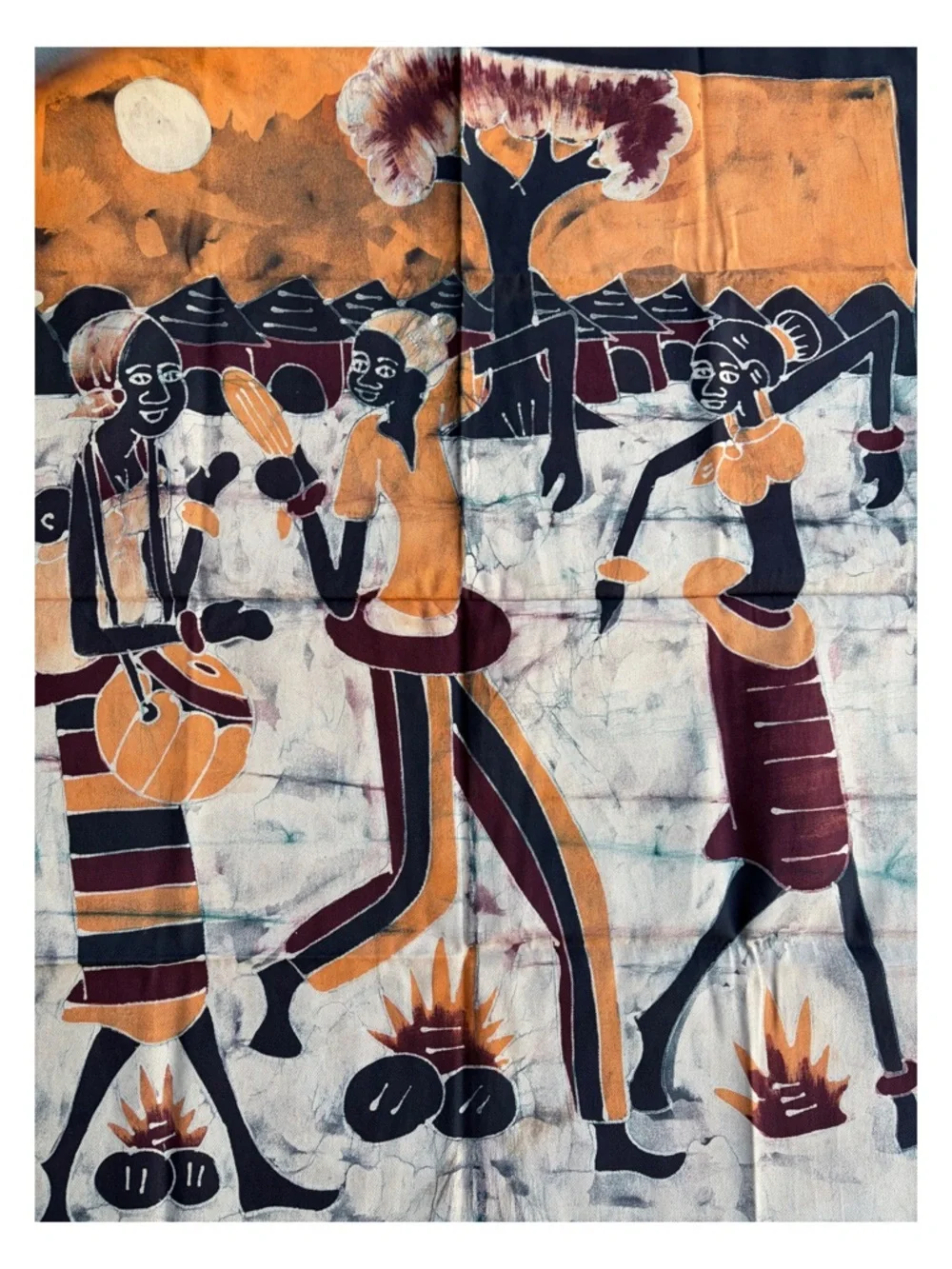 Hand crafted African Village Wall Hanging  Batik - Orange, Black & Brown
